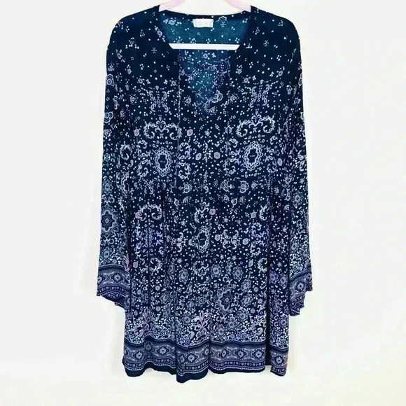 Altar’d State Navy/Pink Floral Long Sleeve Rayon Hippie 70’s Mini Dress Size L - Picture 1 of 14